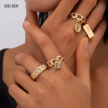 

SHIXIN 4 Pcs Stackable Crystal Ring Set for Women Cubic Zirconia Knuckle Ring with Lock Pendant Trendy Zircon Finger Ring Ladies