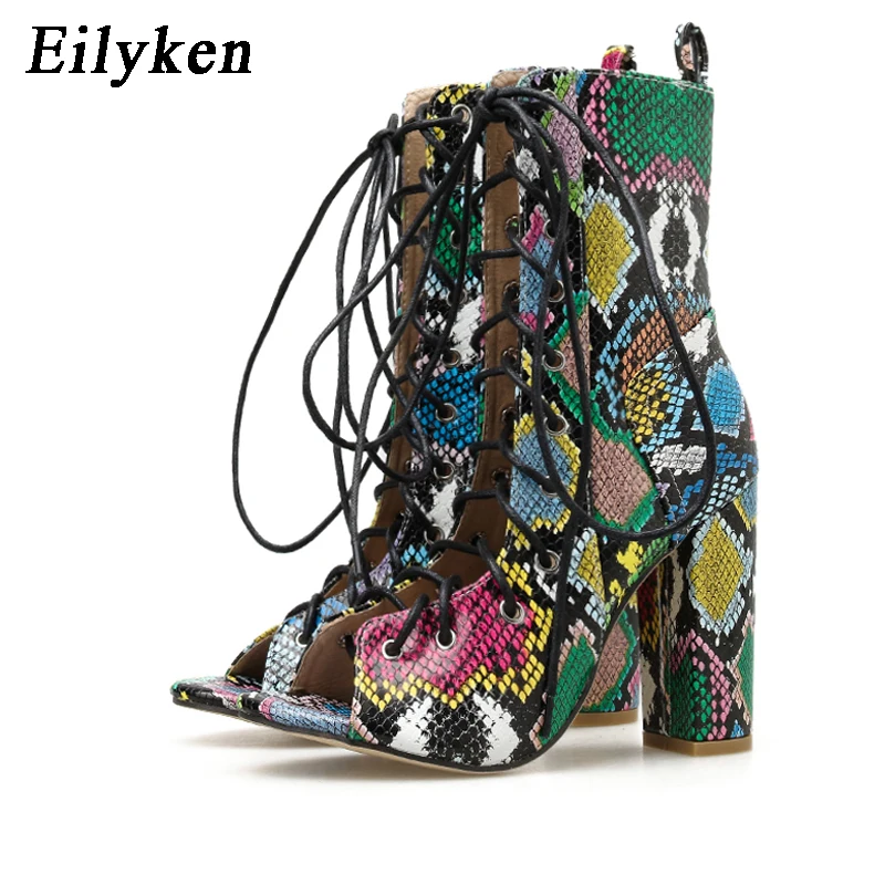 Color Eilyken; Летние разноцветные женские ботильоны со змеиным принтом; сандалии; обувь из искусственной кожи высокого качества с открытым носком и перекрестной шнуровкой - Цвет: Color