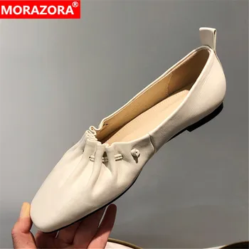 

MORAZORA 2020 new arrive comfortable women flats fashion fold square toe ladies shoes genuine leather shallow casual shoes