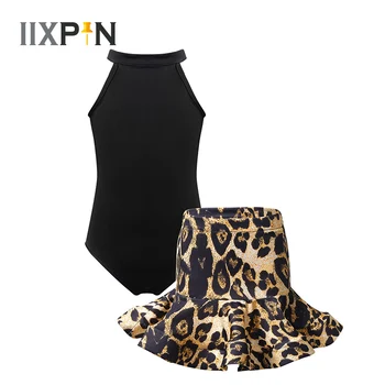 

Leopard Print Girls Latin Dance Fringe Dress Latin Dance Ballroom Dancewear Party Sleeveless Halter Neck Leotard with Skirt Set