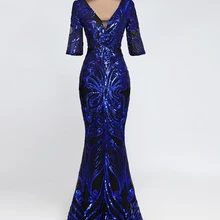 Half-sleeve V-neck Backless Evening Dress Floor-length Sequins Tulle Formal Women Gowns Elegant Robe De Soriee Blue Gold Long