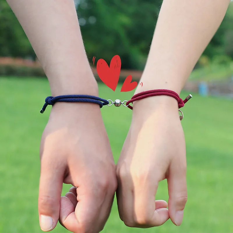 Pulsera de amor de larga distancia para hombre, brazalete con imán tejido de cuerda roja y negra, para parejas