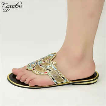 

Hot sale gold African lady slippers shoes with rhinestones 88-25,Heel Height 2CM