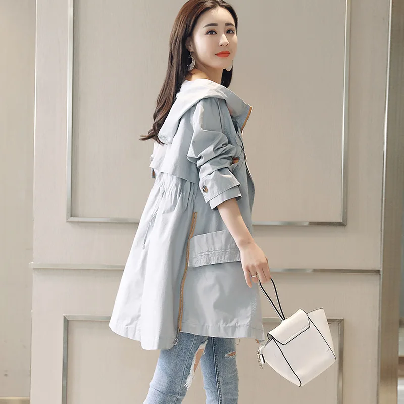 

Solid Color Trench Coat Hooded Zipper 2019 Spring And Autumn Long Sleeve Mid-length Hooded Pocket Korean-style Solid Color Versi