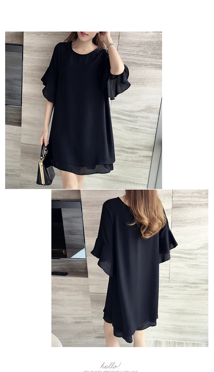 Новинка, 5XL, 4XL, 3XL, летнее женское модное свободное милое платье с круглым вырезом и рукавами-бабочками, черное шифоновое платье, плюс размер