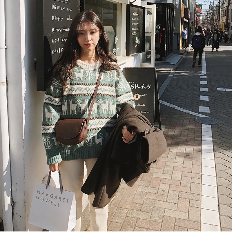Full Sleeve Loose Knitting O-Neck Elk Jacquard Pullovers Blouse Shirt Green Apricot 9833