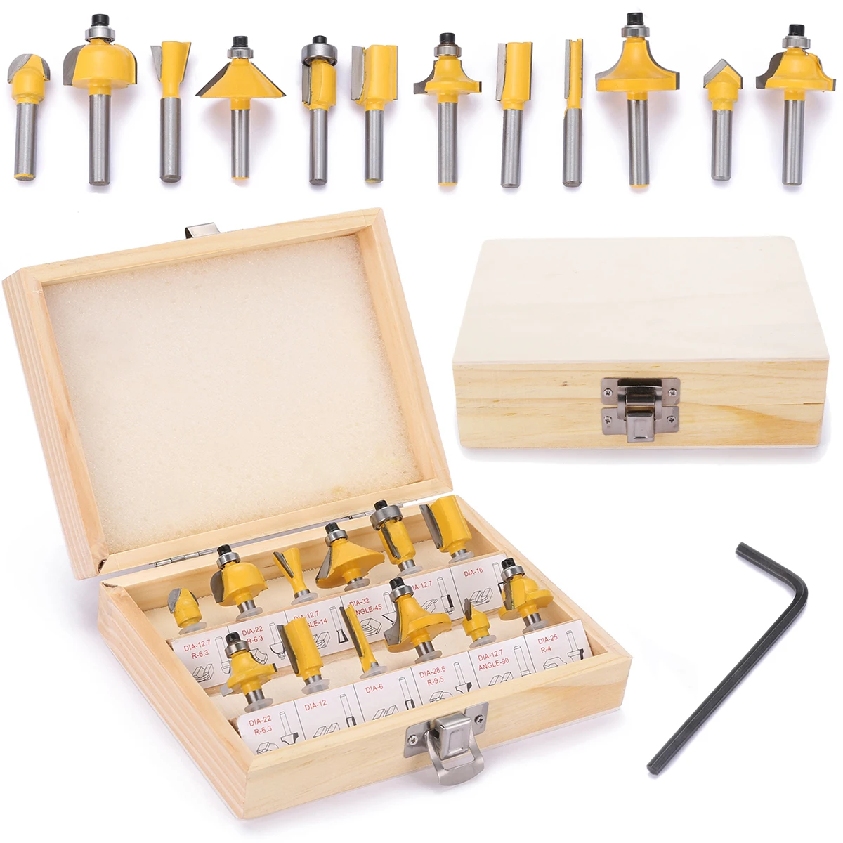 12pcs 1/4 inch Shank Carbide Steel Flush Trim Router Bit Set Woodworking Milling Cutter Power Tools with Wooden Box