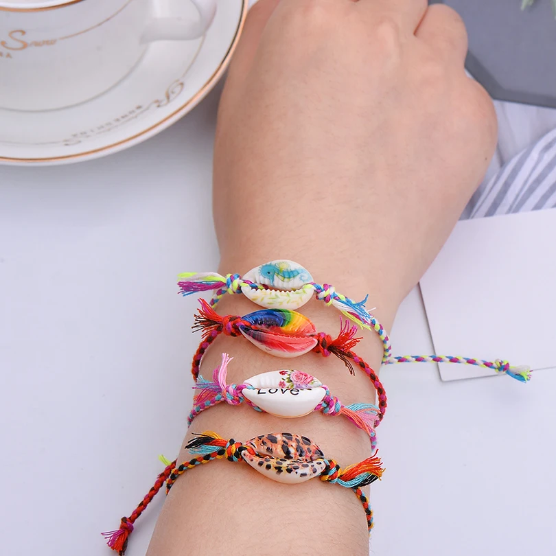 Pipitree Sea Shell Charm Bracelet Handmade Bohemian Print Rope Braided Bracelets for Women Men Kids Boho Beach Jewelry Gift