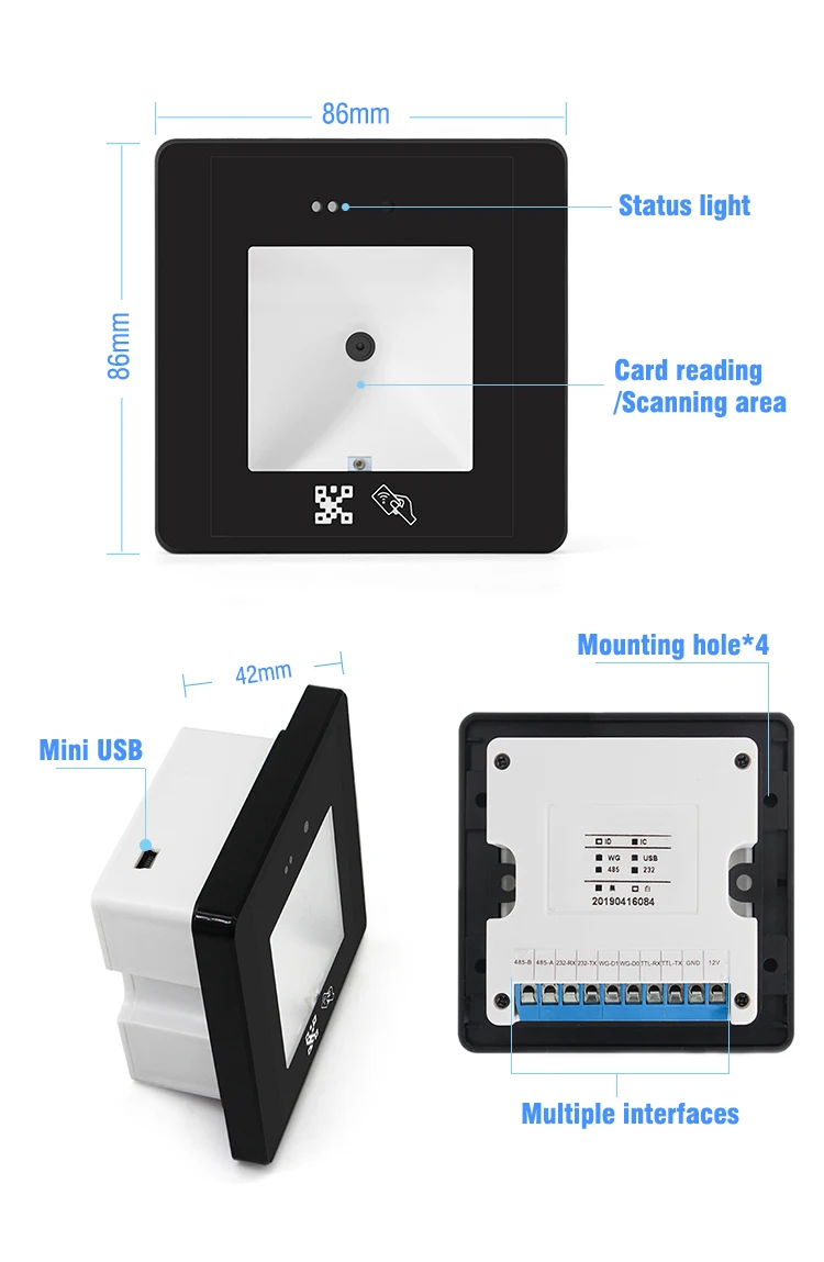Multil + Scanner de Código de Barras Leitor de Cartão Leitor de qr e Mifare Wiegand + Rs232 Usb + Rs48 2d + em 125 Interface Incorporado Khz Hm20-id