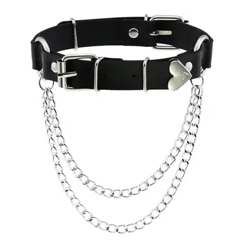 

Goth Chain Choker Women Punk Leather Heart-shaped Buckle Metal Tassel Chain Bondage Necklace Harajuku Party Halloween Jewelry