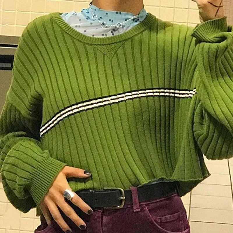 Женский укороченный пуловер в рубчик Зеленый джемпер контрастную полоску