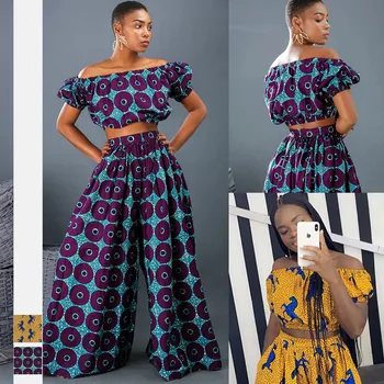 

Fashion printed women's suit one-word shoulder short-sleeved blouse high waist wide-leg trousers fashion sexy short T-shirt
