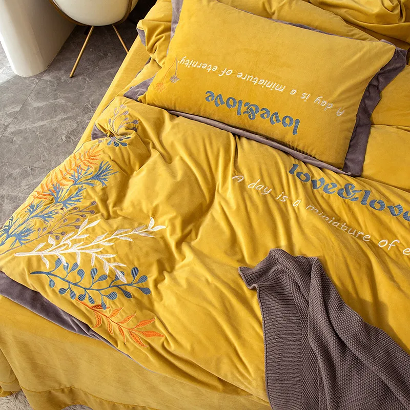 Yellow Fleece Villus Thick Warmth In Winter Bedding Set Duvet Cover Bed  Linen Fitted Sheet Pillowcases Home Textiles - Bedding Set - AliExpress