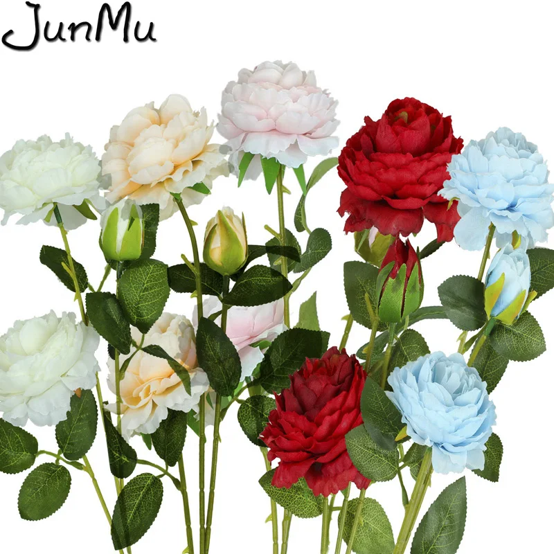 Искусственные розы 3 головки Белые пионы шелковые цветы красные розовые синие