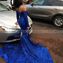 Африканская Русалка с длинным рукавом Королевское синее платье для выпускного вечера элегантное с открытыми плечами длинное платье для выпускного торжественное вечернее платье