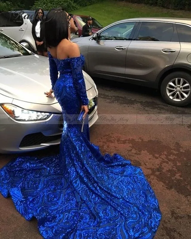 Afrikaanse Lange Mouwen Mermaid Royal Blue Prom Dresses 2020 Elegant Off Schouder Lange Trein Graduation Dress Formele Avondjurken Afrikaanse Lange Mouwen Mermaid Royal Blue Prom Dresses 2020 Elegant Off Schouder Lange Trein Graduation Dress Formele Avondjurken