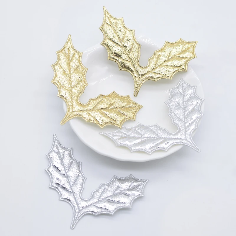 50Pcs Gold und Silber Tuch Holly Blätter Appliques für DIY Weihnachten Hut Kleidung Nähen Patches Decor Sammelalbum Handwerk Dekorative