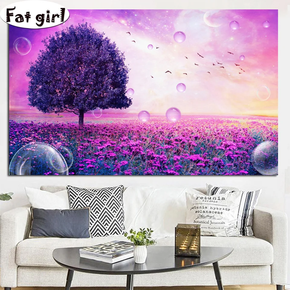 Purple Flower Tree Bubble Landscape 5D diy Full Square/round DIY Diamond Painting Cross Stitch Embroidery Mosaic view | Дом и сад