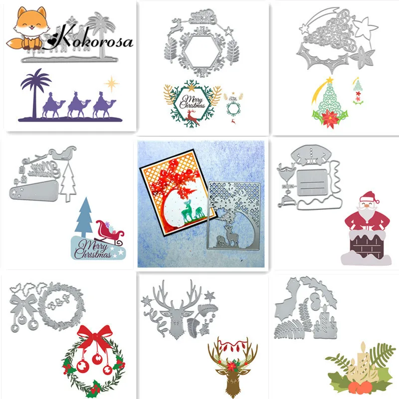 

Kokorosa Christmas Cutting Dies Metal Dies Tree sled Star Wreath Deer Santa Candle Die Scrapbooking Album Card Making Diecuts