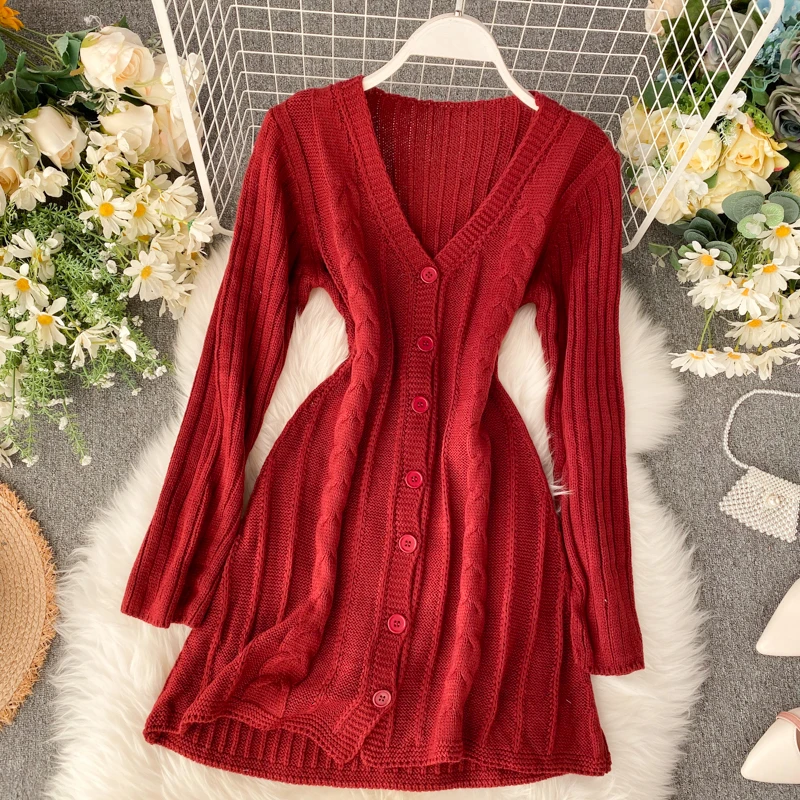 

Spring Casual Button Solid Knee-Length Women Dress Long Sleeve A-Line Dress Vintage V-Neck Empire Vestidos Cute Clothing