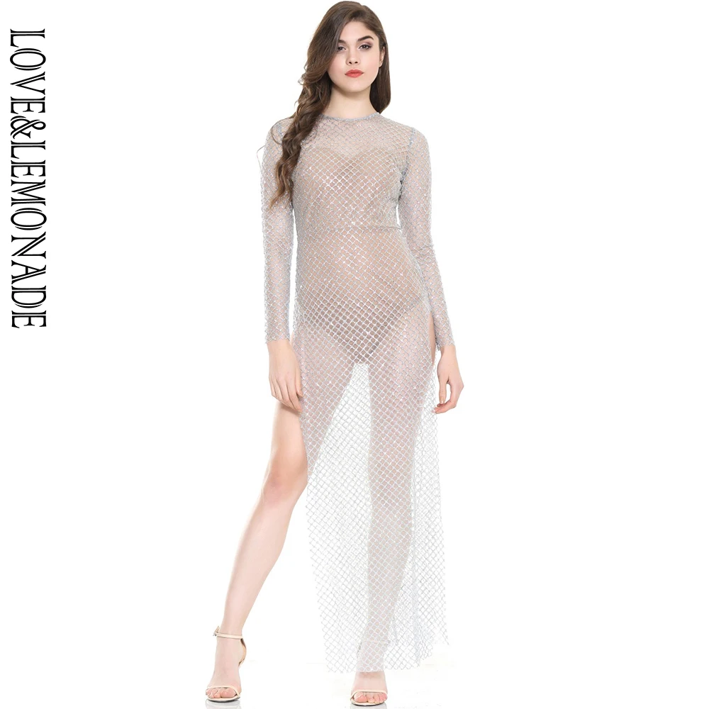 Женское длинное платье LOVE & LEMONADE серебристое с разрезом модель TB 9860|maxi dress|cut outdress