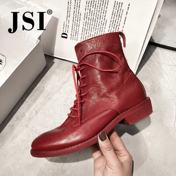 

JSI Lace-Up Winter Motorcycle Genuine Leather Boots Women Round Toe Boots Gothic Punk Med Heel Ankle Boot Women Shoes JO277