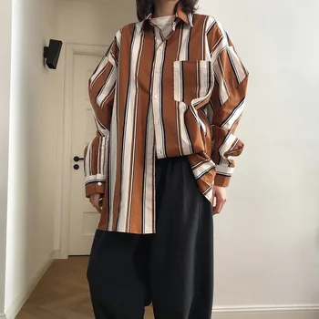 

New Slouchy silhouette design in spring contrast color Vertical Stripe Polo overage size versatile thin top for women