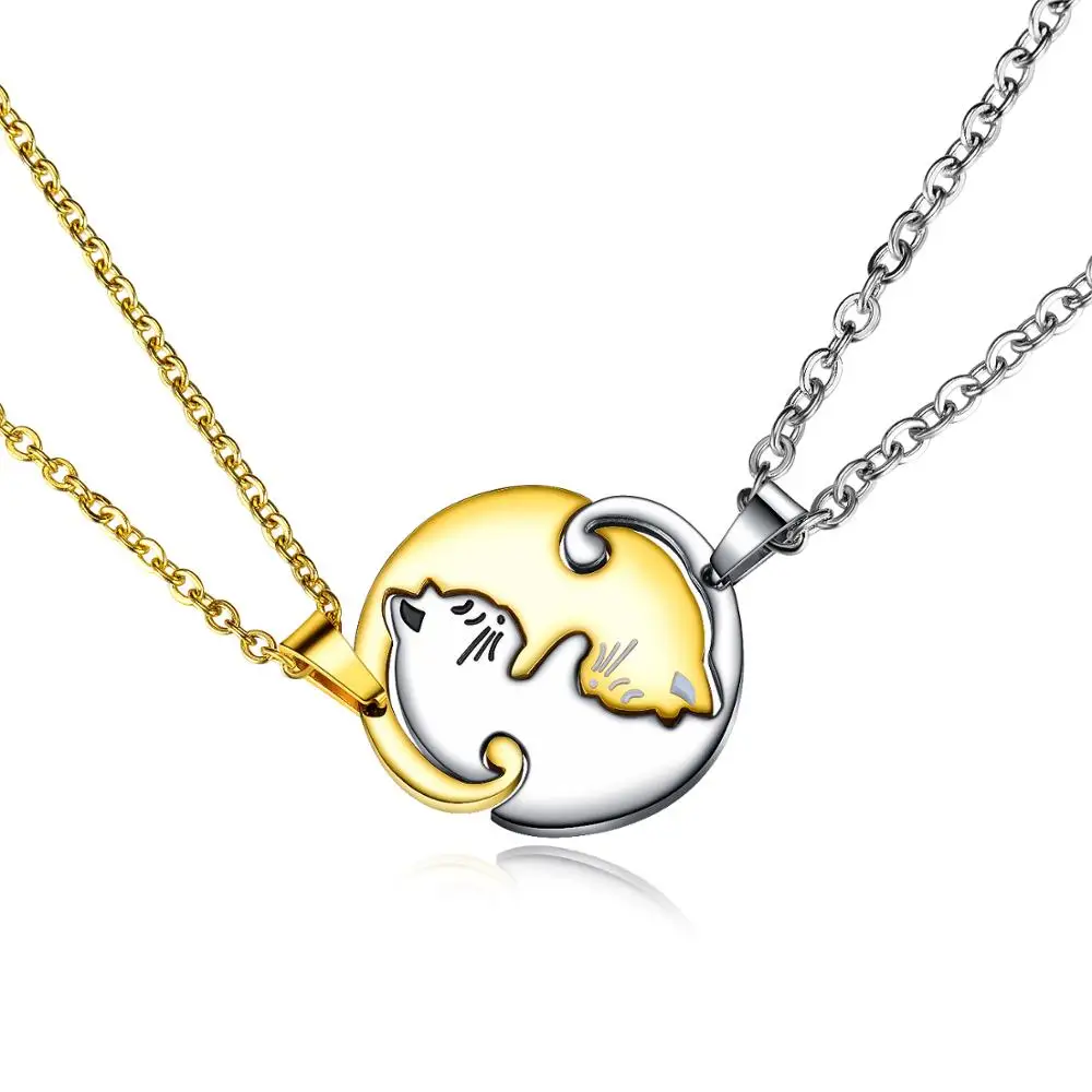 

couple Spliced round necklace stainless steel gold color cat pendant jewelry for men women collier femme valentines day gift