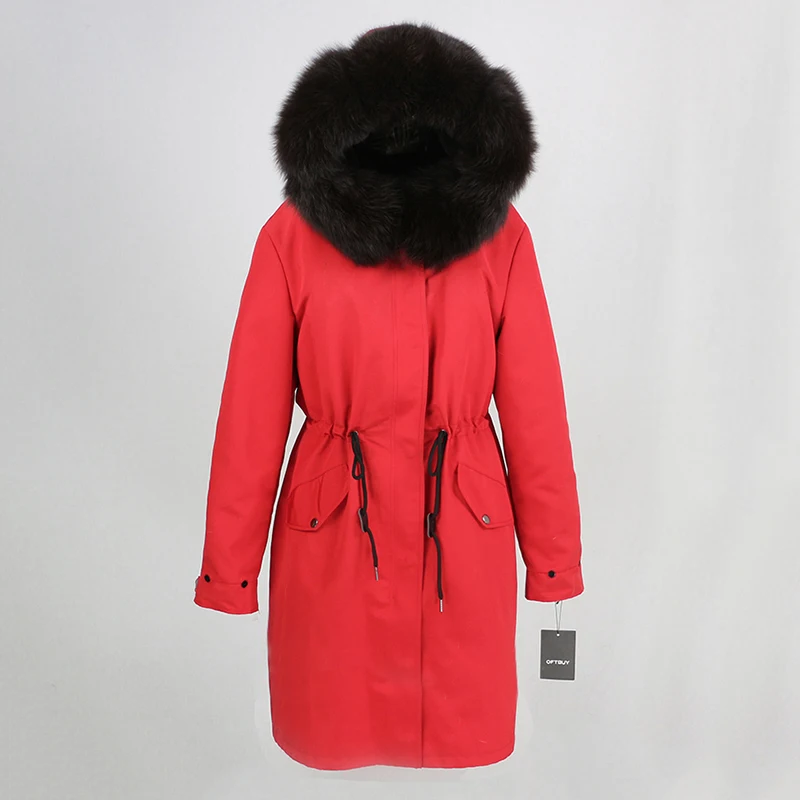 OFTBUY, зимняя женская куртка, пальто с натуральным мехом, длинная водонепроницаемая ткань, Воротник из натурального Лисьего меха, верхняя одежда, Толстая теплая уличная одежда, новинка - Цвет: red black