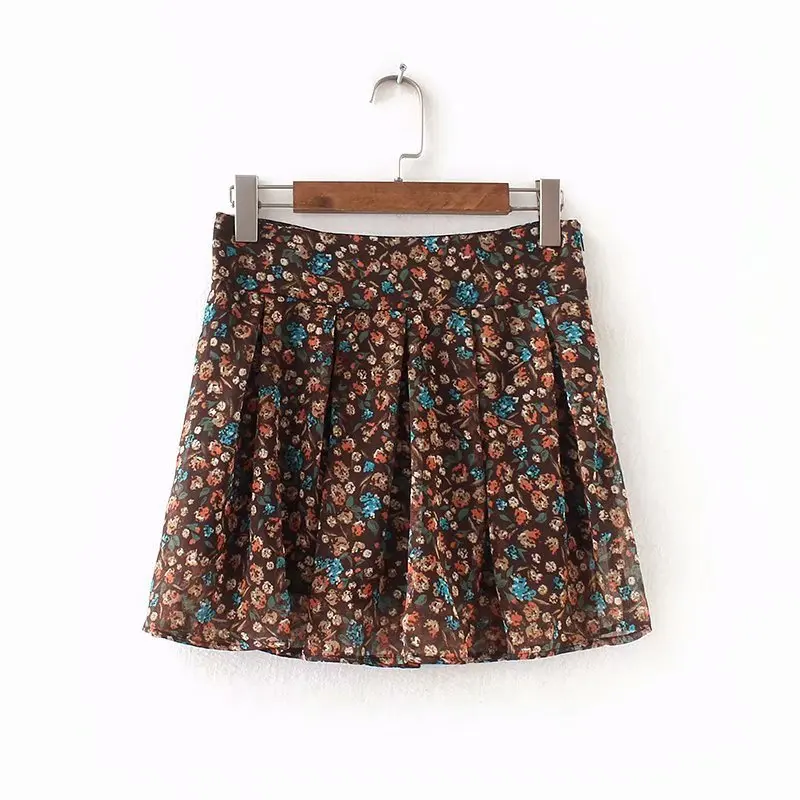 

2018 Summer New Products Western Style Side Zipper Retro Floral Culottes Women's High-waisted Chiffon Skirt Anti-Exposure