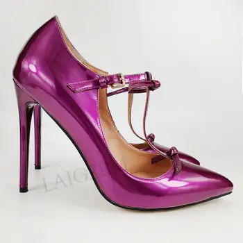 

LAIGZEM Patent Women High Heels Handmade T Strap Stiletto Pumps Shoes Woman Spring Summer Tacones Zapatos Large Size 39 45 47