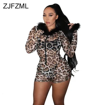 

Feather Patchwork Sexy Leopard Playsuit Women Long Sleeve Front Zipper Bodycon Short Jumpsuit 2019 Autumn Bandage Club Bodysuits