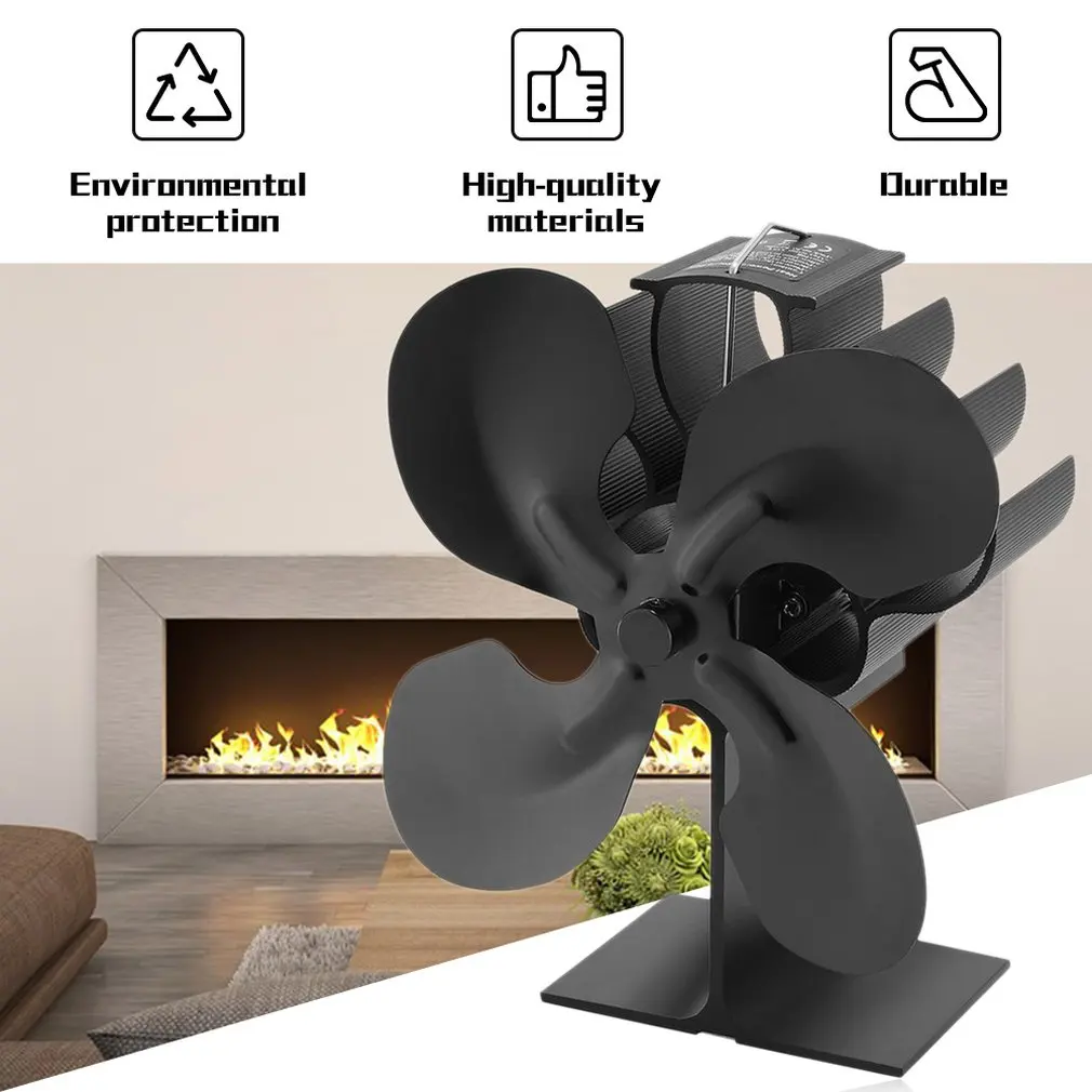 4 Blades Heat Powered Stove Fan Log Wood Burner Quiet Black Home Fireplace Fan Efficient Heat Distri