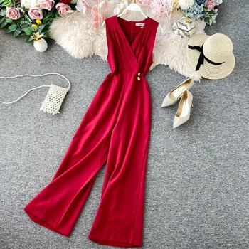 

2020 Summer Women's Jumpsuits Fashion Temperament V-neck Sleeveless Overalls Wide-Leg Pants Woman's Jumpsuit Casual Bodysuit