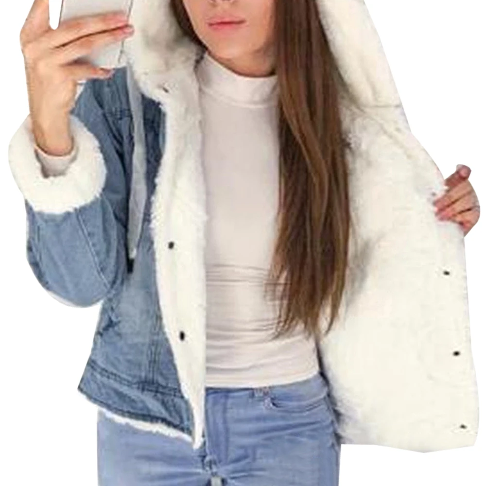 Новинка, женские джинсовые куртки с мехом, зимняя джинсовая теплая Вельветовая куртка с капюшоном, Женская куртка с воротником из искусственного меха, пальто с подкладкой, куртка-бомбер, ветровка - Цвет: White