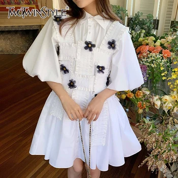 

TWOTWINSTYLE Elegant Patchwork Print Floral Two Piece Sets For Women Ruched Vest Puff Sleeve Mini Dresses Suits Female 2020 New