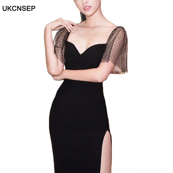 

UKCNSEP High Quality 2020 New Black Flare Short Sleeve Summer Women Dress Sexy V Neck Beads Bodycon Evening Party Dress Vestidos