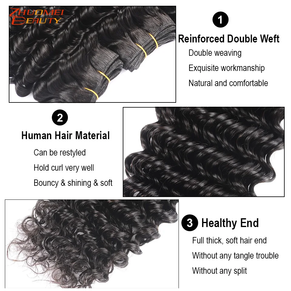 Zhuomei Beauty Deep Wave 1/3 /4 Bundles P Brazilian Hair Bundles Weave Natural Color Remy Human Hair Weaving 8-28inch