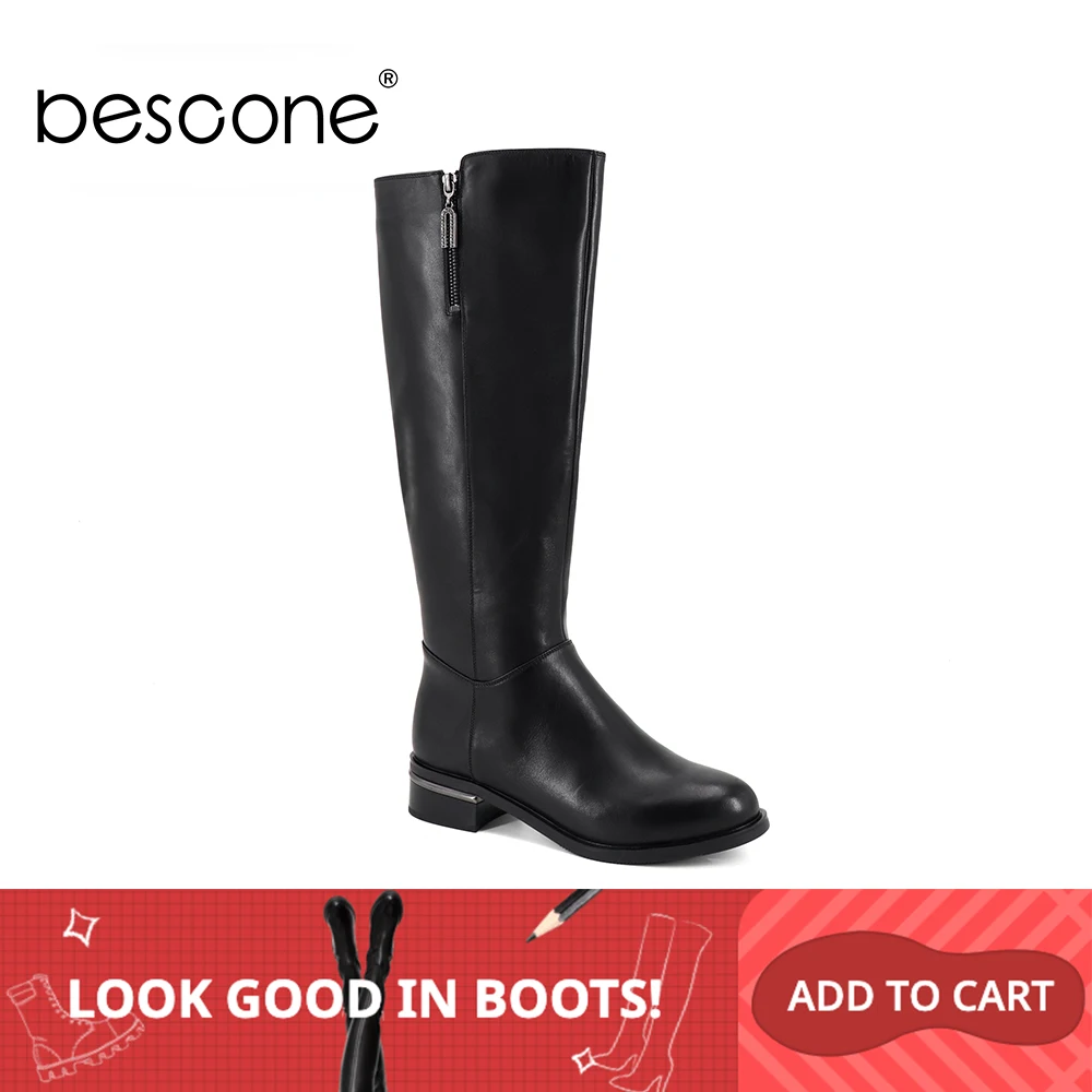 

BESCONE Winter Ladies Boots High Quality Genuine Leather Handmade Round Toe Square Heel Shoes Zipper Med Heel Women Boots BC262