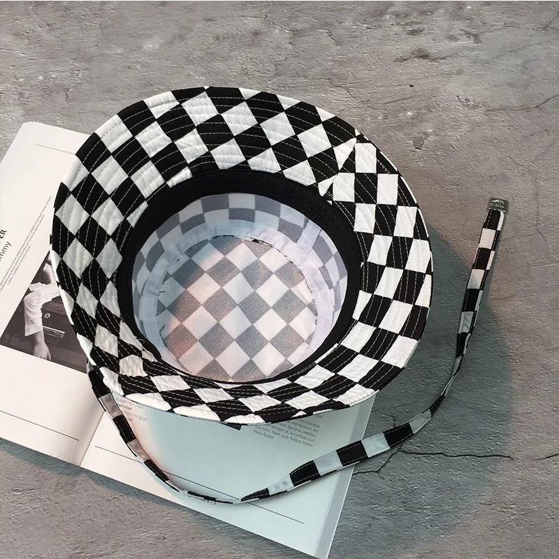 New Black White Plaid Check Bucket Hats Fishing Caps Women Mens Hip Hop Hat