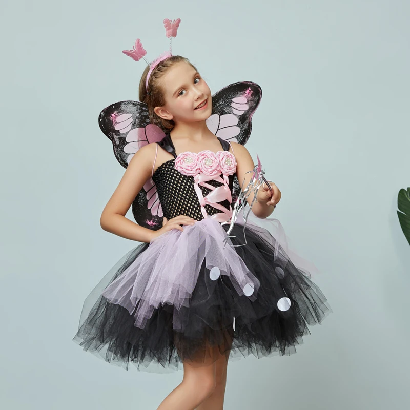 Pink and Black Monarch Butterfly Tutu Dress with Wings Girls Insect Bug Butterfly Halloween Costume Kids Birthday Tutu Outfit (1)