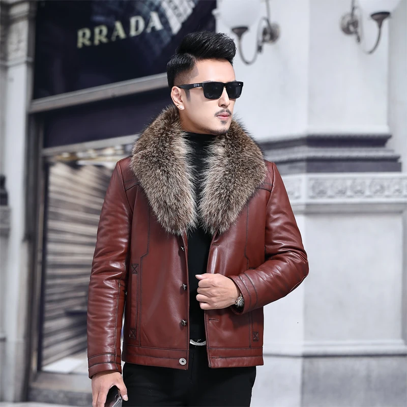 Raccoon for collar Натуральная кожаная мужская куртка из натуральной коровьей кожи, зимнее пальто, норковый воротник, мужская кожаная куртка, шерстяная подкладка, Лисий мех, F-9127 kk1430 - Цвет: Raccoon for collar
