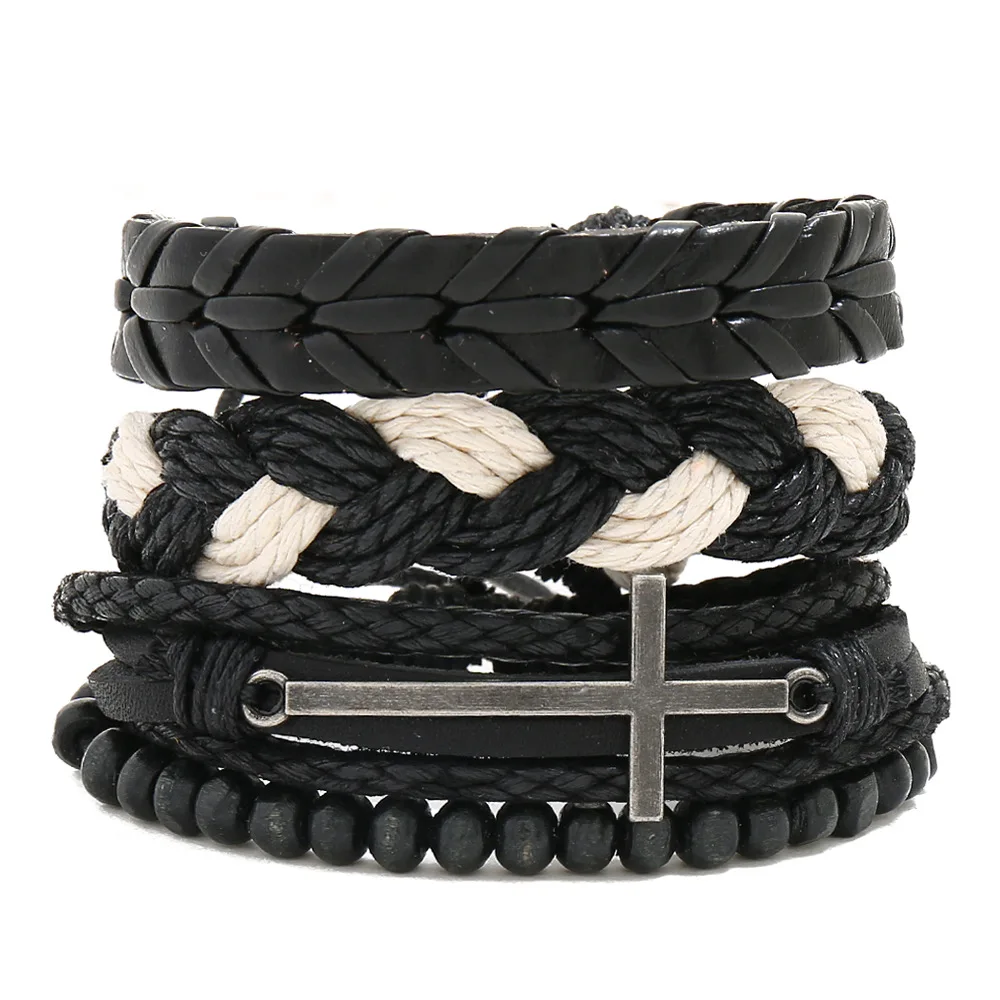 

3PCS/Set Cross Bracelet Bangle Set For Man Woman Rope Leather Braided Adjustable Wood Bead Wristband Jewelry Gift Wholesale