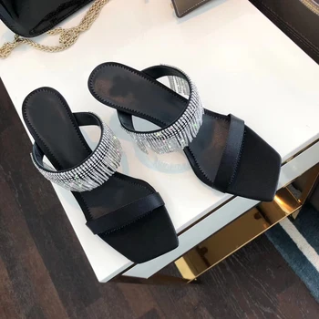 

Hot Shoes Women Silk Fabric Muler Splipers High Heels 7 cm Crystal Slingbacks Cozy Outside Shoes Woman Zapatos De Mujur Pumps