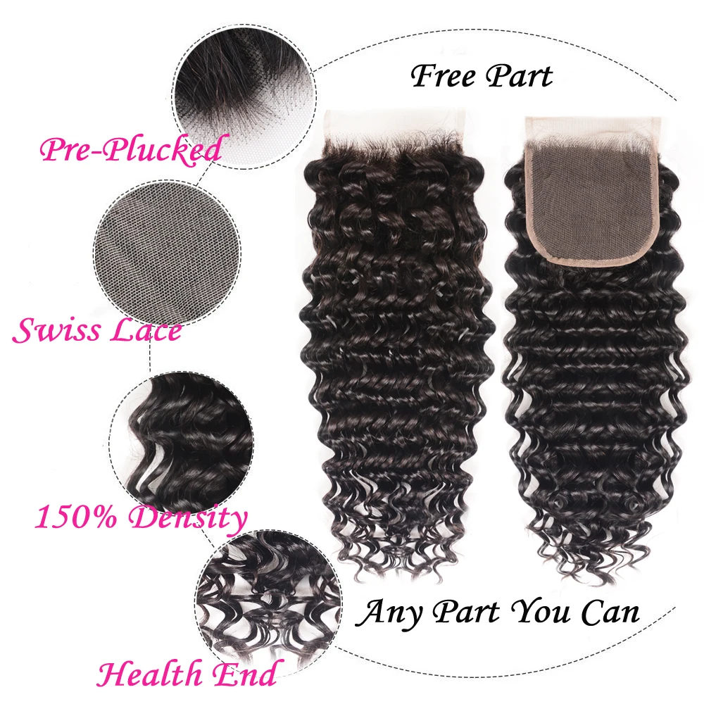 Ali Julia Hair Brazilian Deep Wave Closure Free Part 4X4 100% Human Hair Remy Lace Closure Pre Plucked 150% Density (4)