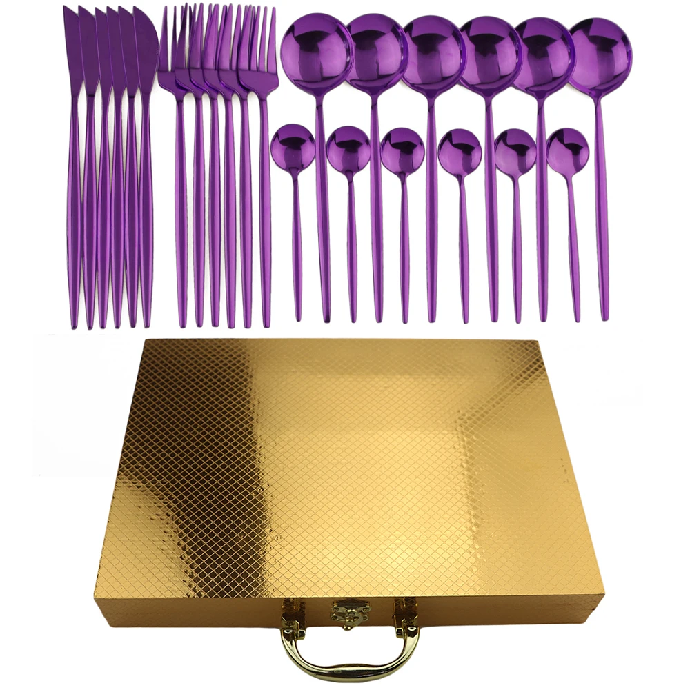 24pcs Gold Dinnerware Set 304 Stainless Steel Rainbow Cutlery Dinner Set Knife Fork Spoon Silverware Tableware Set With Gold Box - Цвет: purple