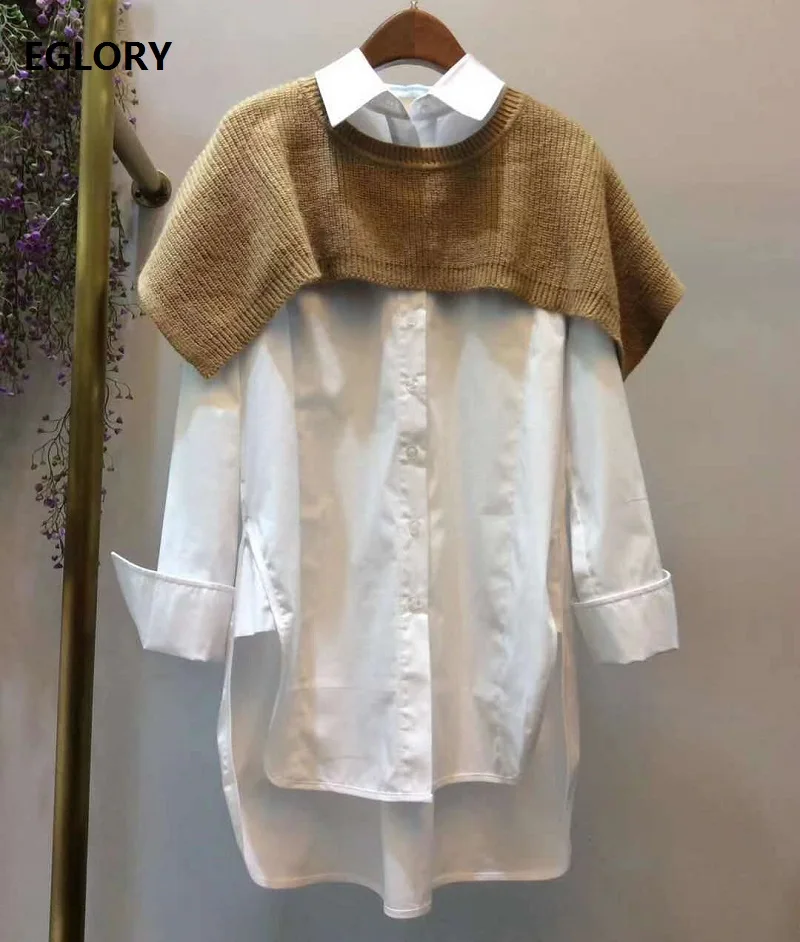 Женская трикотажная блузка составного кроя Повседневная Длинная рубашка с