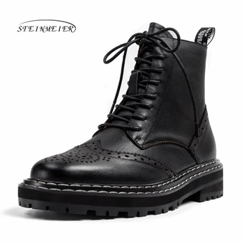 

2020 Autumn Winter Quality Genuine Leather Punk Short Boots Lace Up Thick Heels Women Ankle Boots Party Shoes Woman Steinmeier