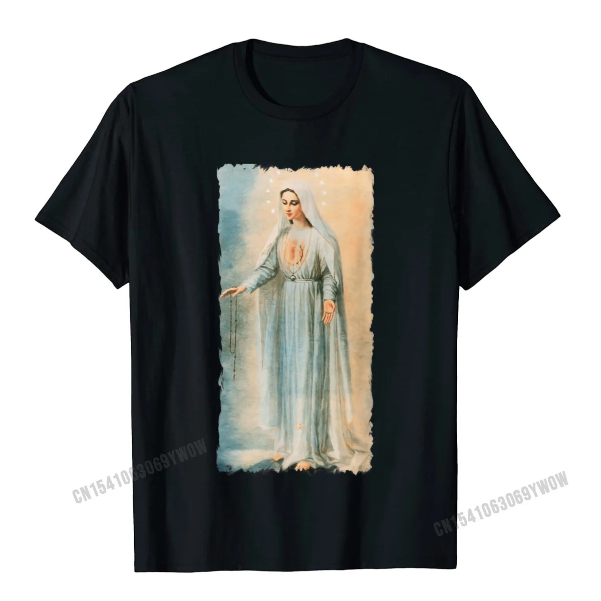 Cool Top T-shirts Casual Short Sleeve Hip Hop O-Neck 100% Cotton Tops & Tees Normal Top T-shirts for Men NEW YEAR DAY Our Lady of Fatima Virgin Mary Catholic Painting T-Shirt__601 black