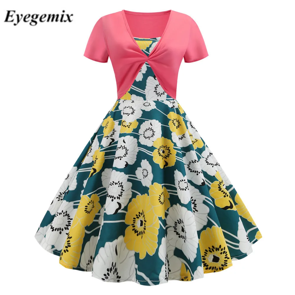 Women Fall Two-piece Patchwork Floral Print Dress Elegant 50 S 60 Vintage Business Party Formal Office Plus Size Work Dresses | Женская